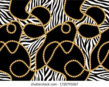 Seamless decorative zebra pattern of golden motif with pearls on black  background.EPS10 Illustration.