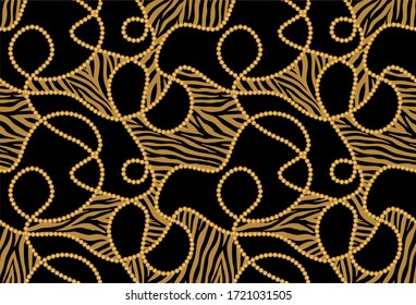 Seamless decorative zebra pattern of golden motif with chains on black   background.EPS10 Illustration.