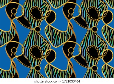 Seamless decorative zebra pattern of golden motif with chains on black  background.EPS10 Illustration.