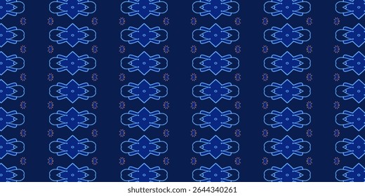 Seamless deep blue geometric pattern with starburst accents, symmetrical and perfect for textiles, digital backgrounds, and modern design.