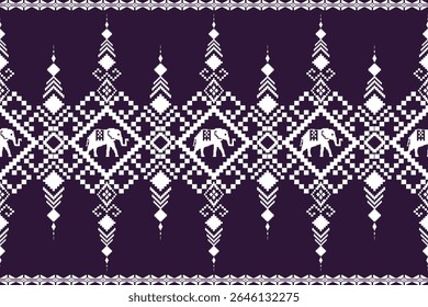 Seamless Deep Purple and White Elephant Pixel Art Pattern, Traditional Ethnic Textile Border Design with Diamond Shapes, Folk Art Fabric Print