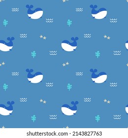 seamless deep sea with whale repeat pattern background, flat vector illustration design