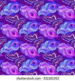 Seamless deep violet peacock feather pattern background, vector illustration.