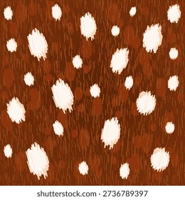 Seamless deer fur pattern with white spots on brown. Realistic animal hide texture for wildlife textile design. Editable vector illustration.