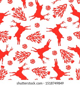 Seamless Deer, Snow and Trees Red Color Pattern. Vector Art EPS 10.