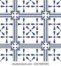 Seamless Delft Blue tiles vector. Dutch style monochrome geo pattern in white and blue. Indigo motif in Holland great for ceramic, porcelain, textiles, wallpaper, decoration, background, home ware 