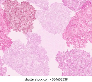 Seamless, delicate, beautiful, vector texture with hydrangea varieties pink diamond. Actual pattern for use in the textile printing and Valentine's Day.