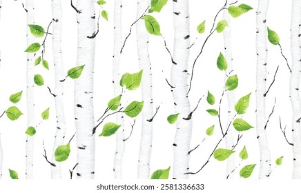 Seamless Delicate birch tree pattern with white bark and green leaves