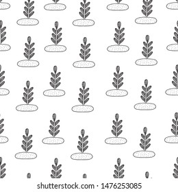 seamless delicate black and white eco-friendly pattern with tree sprouts