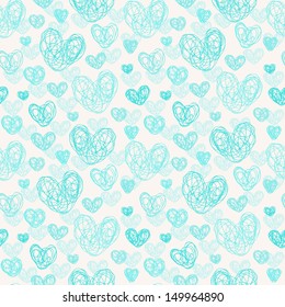 Seamless delicate blue texture with doodle hearts. Endless romantic pattern. Template for design fabric, backgrounds, covers, package, wrapping paper
