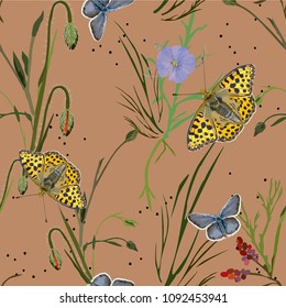 Seamless, delicate, floral pattern with butterflies and field plants and poppies. Elements are scattered randomly on a brown background. Vector for fashion prints, textiles, wallpapers, tile, wrapping