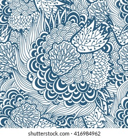 Seamless delicate floral pattern, monochrome vector background with flowers and waves hand drawn doodles