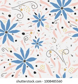Seamless delicate floral pattern on dotted white background. Repeating plant pattern. Vector Illustration