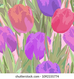 Seamless delicate floral  pattern with tulips. Vector print for fabric design, decoration.
