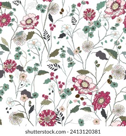 Seamless delicate floral spring set, fashionable handmade pattern for fabric design, decor, ceramics, greeting cards, flowers, texture print on a light background