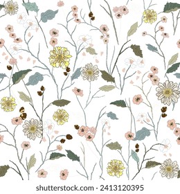 Seamless delicate floral spring set, fashionable handmade pattern for fabric design, decor, ceramics, greeting cards, flowers, texture print on a light background