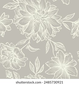 Seamless delicate floral vector linear graphic retro trendy pattern for textile design, decor, ceramics, greeting cards, flowers, texture print for backgrounds