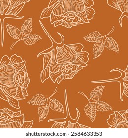 Seamless delicate floral vector linear graphic retro trendy pattern for textile design, decor, ceramics, greeting cards, flowers, texture print for backgrounds