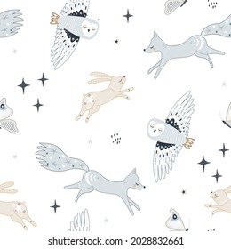 Seamless delicate hand drawn pattern with owl, bunny, fox, butterfly. Pastel vector texture. Great for fabric, textile, apparel