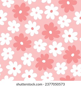 Seamless delicate hand-drawn pattern of white flowers on a pink background 