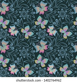  Seamless delicate lace pattern with butterflies. Traditional ethnic ornament,. Vector print. Use for wallpaper, pattern fills,textile design.