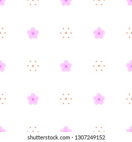 Seamless delicate minimalist geometric pattern. Small pink flowers and orange dots on white background. Repeat gentle botanical pattern. Vector illustration.