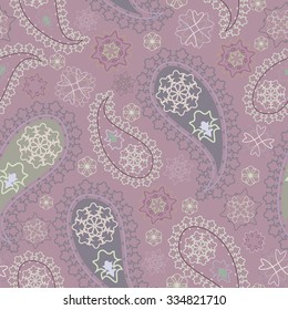 Seamless delicate pastel pattern with paisley and flowers. Vector background.