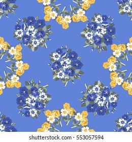 Seamless delicate pattern of bouquet and wreath. Summer flowers. Floral diagonal background for textile, covers, manufacturing, wallpapers, print, gift wrap and scrapbooking. Trendy colors millefleurs