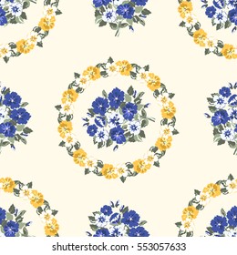 Seamless delicate pattern of bouquet and wreath. Summer flowers. Floral diagonal background for textile, covers, manufacturing, wallpapers, print, gift wrap and scrapbooking. Trendy colors millefleurs