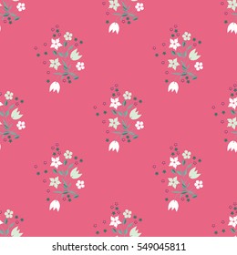 Seamless delicate pattern of bouquets.  Floral diagonal seamless pink background for textile or book covers, manufacturing, wallpapers, print, gift wrap and scrapbooking. Trendy colors millefleurs.