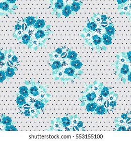Seamless delicate pattern of bouquets. Floral diagonal dots background for textile or book covers, manufacturing, wallpapers, print, gift wrap and scrapbooking. Trendy colors 2017-2018 millefleurs.