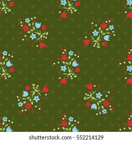 Seamless delicate pattern of bouquets and hearts. Floral seamless background for textile or book covers, manufacturing, wallpapers, print, gift wrap and scrapbooking. Trendy colors millefleurs.