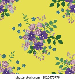 Seamless delicate pattern of bouquets. Summer flowers. Floral background for textile or book covers, manufacturing, wallpapers, print, gift wrap and scrapbooking. Trendy colors millefleurs.