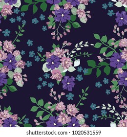 Seamless delicate pattern of bouquets. Summer flowers. Floral background for textile or book covers, manufacturing, wallpapers, print, gift wrap and scrapbooking. Trendy colors millefleurs.