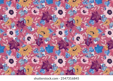 Seamless delicate pattern of bouquets. Summer flowers. Floral diagonal background for textile or book covers, wallpapers, print, gift wrap and scrapbooking. Trendy colors