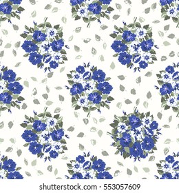 Seamless delicate pattern of bouquets. Summer flowers. Floral diagonal background for textile, covers, manufacturing, wallpapers, print, gift wrap and scrapbooking. Trendy blue colors millefleurs.