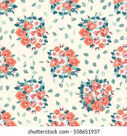 Seamless delicate pattern of bouquets. Summer flowers. Floral diagonal background for textile or book covers, manufacturing, wallpapers, print, gift wrap and scrapbooking. Trendy colors millefleurs.