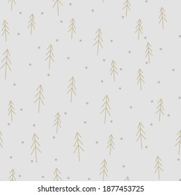 Seamless delicate pattern with Christmas tree and stars for winter holidays design. Pastel white, gray and gold colors