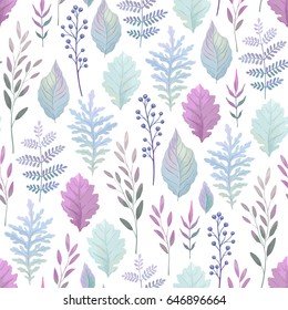 Seamless delicate pattern with colorful branches and leaves, vector illustration on white background.