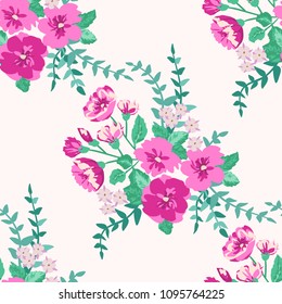 Seamless delicate pattern of cute pink bouquets. Summer flowers. Floral seamless background for textile or book covers, manufacturing, wallpapers, print, gift wrap and scrapbooking