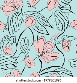 Seamless delicate pattern of leaves and flowers on a blue background. Vector illustration.