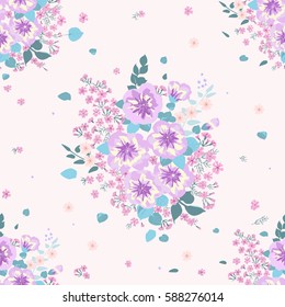 Seamless delicate pattern of petunias bouquets. Summer flowers. Floral seamless background for textile or book covers, manufacturing, wallpapers, print, gift wrap and scrapbooking.