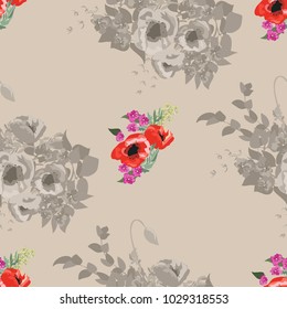 Seamless delicate pattern of poppy bouquets. Summer flowers. Floral diagonal seamless background for textile or book covers, manufacturing,