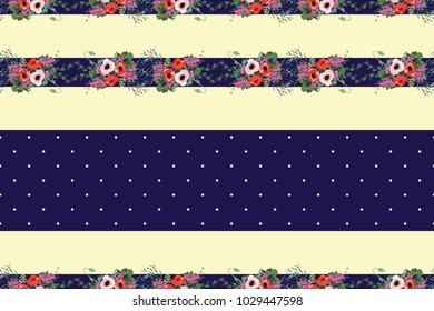 Seamless delicate pattern of poppy bouquets. Summer flowers. Floral striped seamless background for textile or book covers, manufacturing,