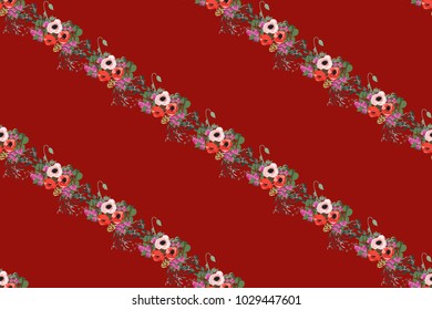 Seamless delicate pattern of poppy bouquets. Summer flowers. Floral striped seamless background for textile or book covers, manufacturing,
