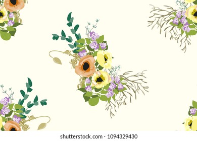 Seamless delicate pattern of poppy bouquets. Summer flowers. Floral diagonal seamless background for textile or book covers, manufacturing,