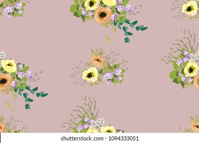 Seamless delicate pattern of poppy bouquets. Summer flowers. Floral diagonal seamless background for textile or book covers, manufacturing,