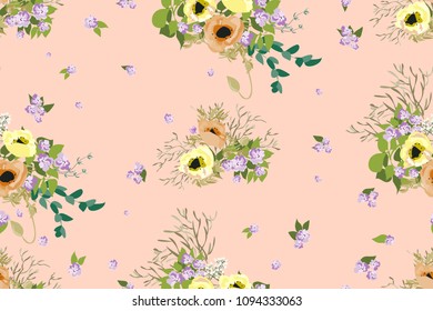 Seamless delicate pattern of poppy bouquets. Summer flowers. Floral diagonal seamless background for textile or book covers, manufacturing,