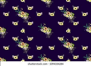 Seamless delicate pattern of poppy bouquets. Summer flowers. Floral diagonal seamless background for textile or book covers, manufacturing,