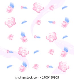 Seamless delicate pattern with roses, petals and blue leaves. Imitation of hand-made watercolors for eco-friendly plant design. Flowers isolated on a white vector background.